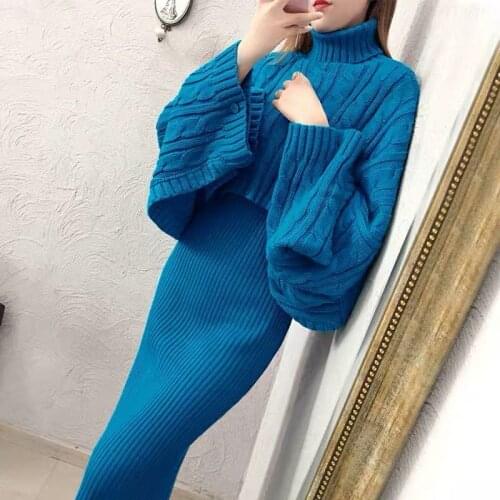 2021 Fashion 2 Piece Set Women Long Sleeve Dress and Solid Color Loose Knit Sweaters Pullover Female Chic Two Piece Suit Q795