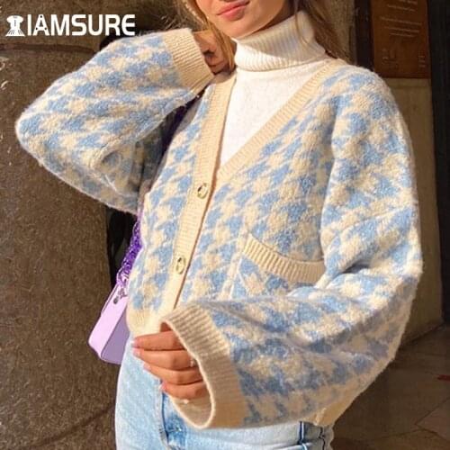 IAMSURE Houndstooth Knitted Cardigans Long Sleeve V-Neck Sweater Warm Casual Streetwear Y2K Aesthetic Vintage Prairie Chic Women