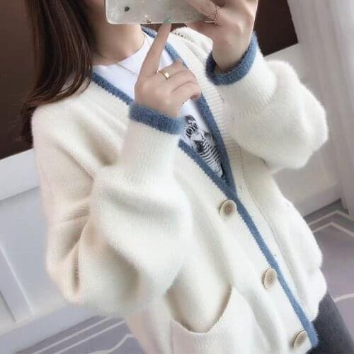 Women Spring Autumn Knit Cardigans Female V-neck Pockets Single Breasted Long Sleeve Sweater Imitation Mink Velvet Coat X544