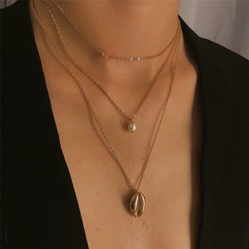 New Boho Multi-layer Shell Artificial Pearl Gold Silver Color Pendant Necklace For Women Vintage Party Fashion Necklaces Jewelry