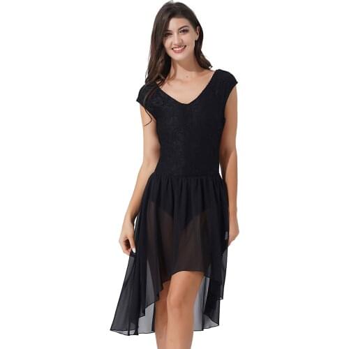 Women Lyrical Dance Dress Figure Skating V Neck Lace Sleeveless Asymmetric Hem Ballet Tutu Dresses Ballerina Competition Costume