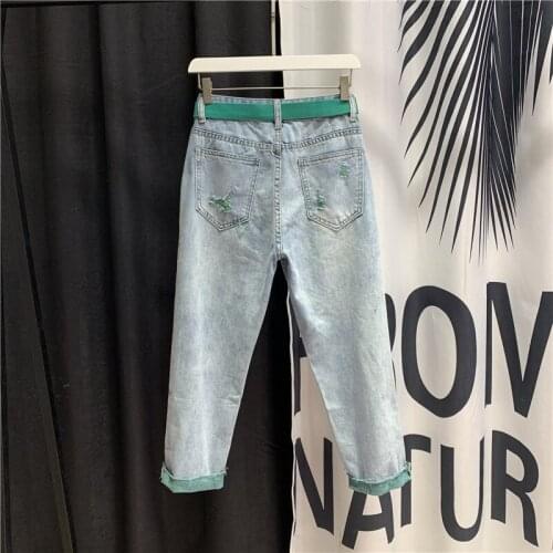Chic Summer Jeans Women Ankle Length Denim Pants High Street Ripped Hole High Waist Loose Fit Hip Hop Harem Pants Green S-XL