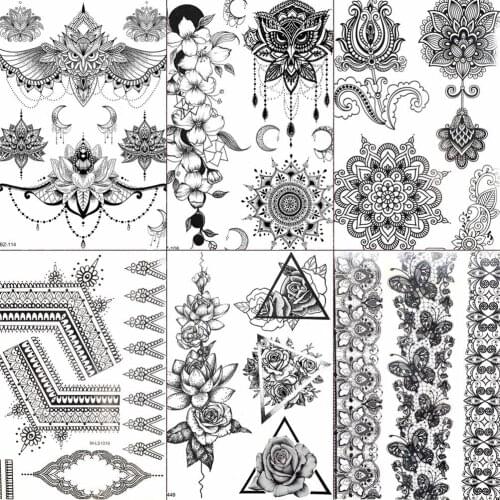 FANRUI Triangle Rose Lace Black Henna Temporary Tattoo Sticker Sexy Owl Chain Mehndi Fake Tattoo Body Art Arm Waist Tatoo Makeup