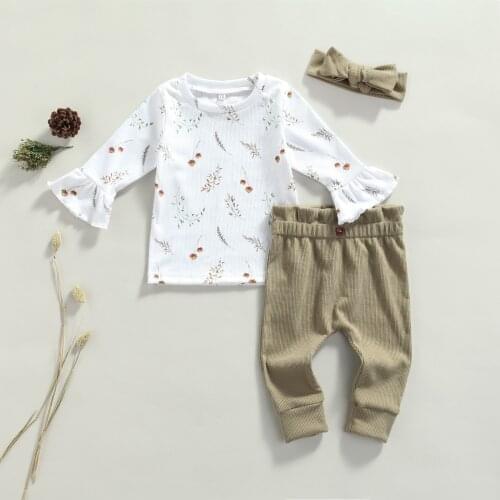 FOCUSNORM 3pcs Infant Baby Girls Clothes Sets 0-24M Flowers Printed Long Flare Sleeve Knit Tops Solid Pants Headband