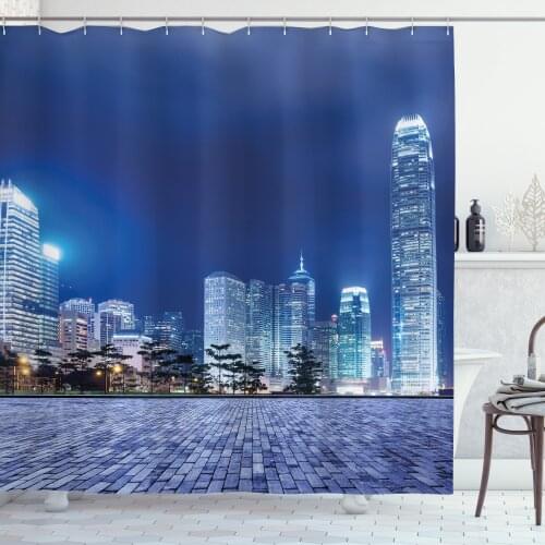 Urban Shower Curtain Set Hong Kong Skyline Night Architectural Curtain for Bathroom Decor 12 Hooks Decorative Bath Accessory