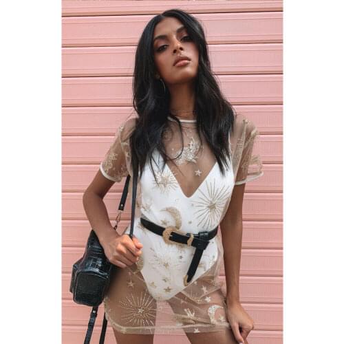 Bikini Set Summer Womens Mini Mesh Sheer Star Dresses Bikini Cover Up Swimwear Summer Outwear Mesh Sequin Short-sleeved Dress