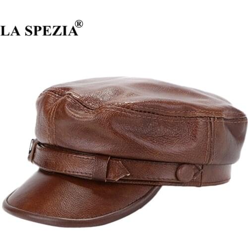LA SPEZIA Brown Military Captains Hat Men Genuine Cow Leather Newsboy Cap Flat Women Autumn Winter Luxury Designer Sailor Caps