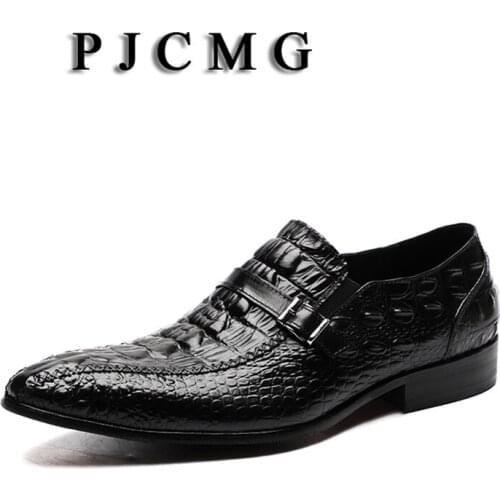 PJCMG New Breathable Black/Red Loafers Dress Genuine Leather Crocodile Style Lace-Up Solid Pointed Toe Wedding Business Shoes