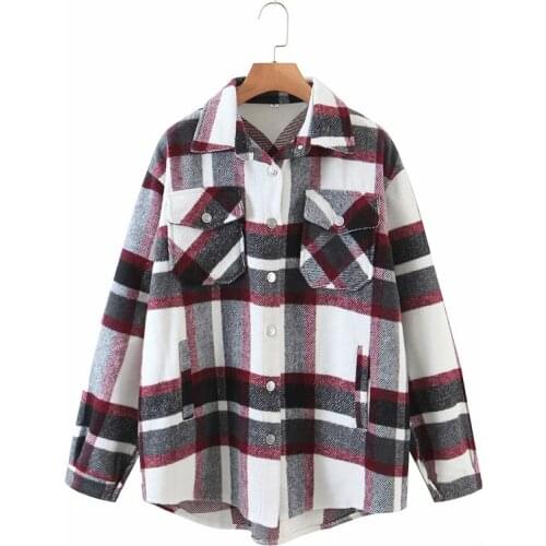 Merodi Women Autumn Vogue Plaid Za Long Shirt Jackets Oversize Female Stylish Double Pockets WInter Loose Thick Coat Outwear