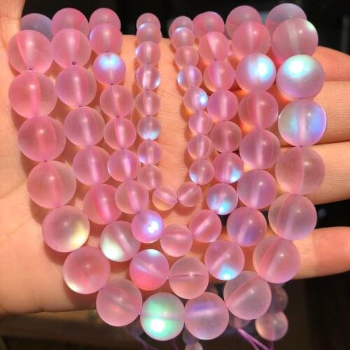 Natural Frosted Austria Pink Crystal MoonStone Glitter Round Loose Beads For Jewelry Making Diy Bracelet Necklace 6 8 10 12mm