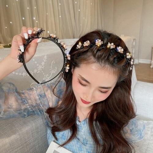 Non-Slip Flower Hairband Rhinestone Headband Women Hair Bands Hoop Claws Clips Double Bangs Hairstyle Hairpin Hair Accessories
