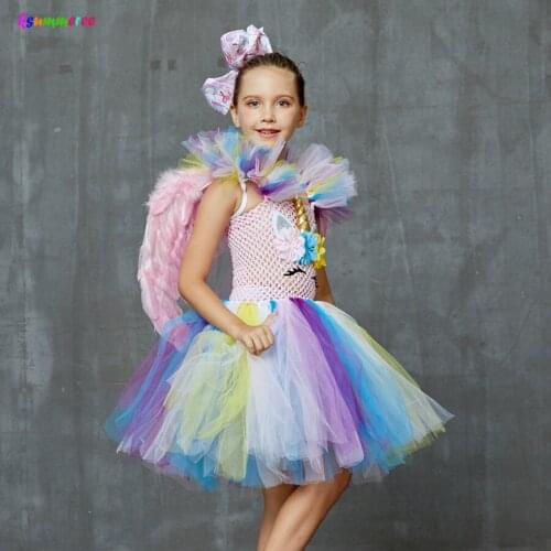 Girls Unicorn Tutu Dress with Bows and Wings Kids Party Flower Pageant Princess Dress Children Unicorn Fancy Tutu Ball Gowns