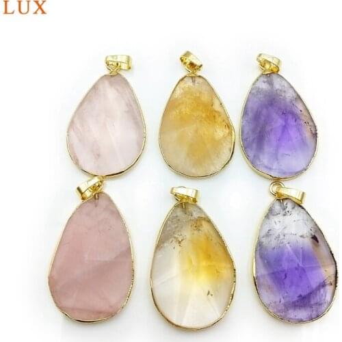 Natural amethysts rose quartzs citrines faceted pendant gems stone oval shape gold color plated charm for DIY necklace Making