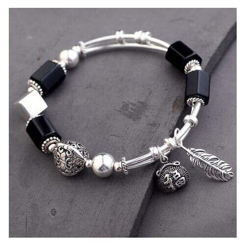Handmade 925 Silver Onyx Beads Bracelet Sterling Beads Good Luck Bracelet Silver Beaded Bracelet