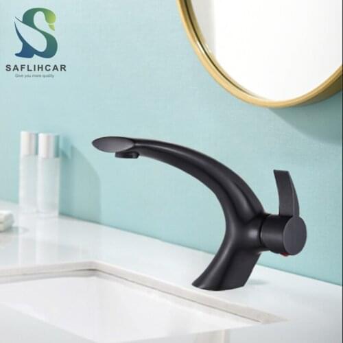Saflihcar Black Bathroom Basin Faucet Single Handle Hot and Cold Mixer Taps Deck Mounted Bathroom Basin Sink Faucets Crane