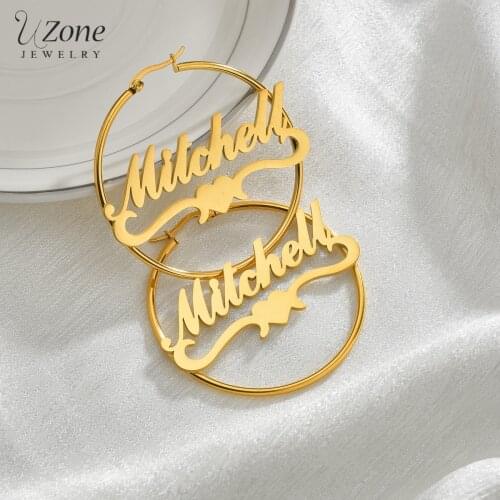 UZone Custom Name Heart Pendant Hoop Earring Drop Circle Earrings for Women Stainless Steel Nameplate Jewelry Gift for Women