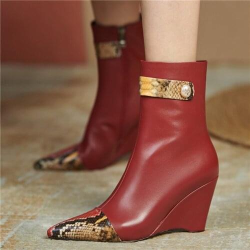 Party Pumps Women Genuine Leather Boots Pointed Toe Wedge High Heels Sexy Motorcycle Party Pumps Shoe 34 35 36 37 38 39