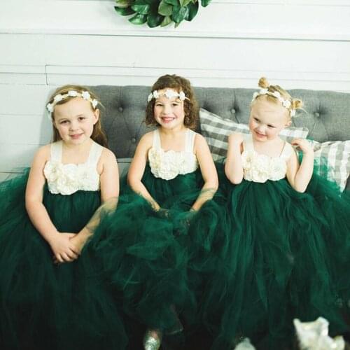 Girls Green Vintage Flower Tutu Dress Kids Crochet Tulle Straps Dress Ball Gown Children Wedding Birthday Party Costume Dresses