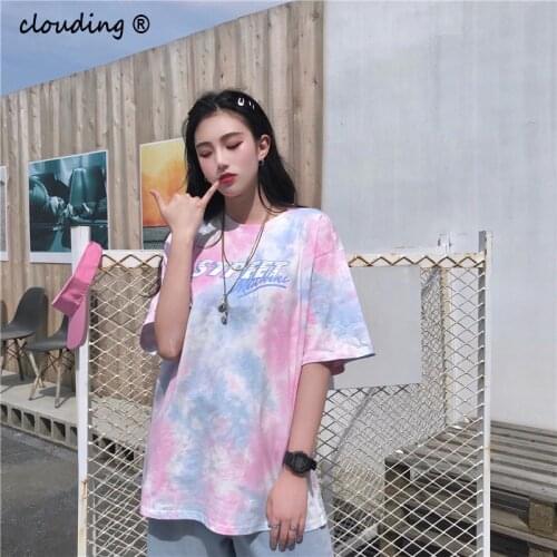 Female Harajuku T-shirts For Women Aesthetic Oversized Loose Korean Style Tie Dye T-Shirt Half Sleeves Letter Print Egirl Tees