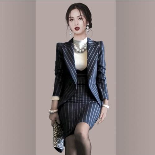 Spring Autumn Print Striped Blazer Coat and V-neck Sleeveless Wrap Dress Woman Blue Suit OL Office Work 2 Piece Set for Ladies