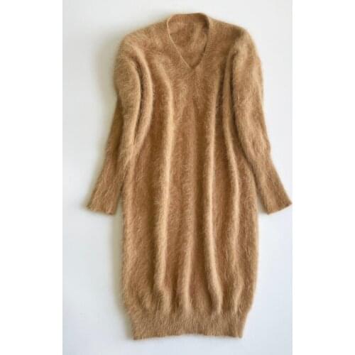 Womens Long Dress V Neck Tops 100% Mink Cashmere Plus Size Lady Sweaters Female Clothing sr936