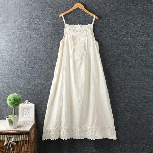 2021 New Summer Women Dress Japan Style Mori Girl Embroidery Solid Color Cotton and linen Loose Sling Dress