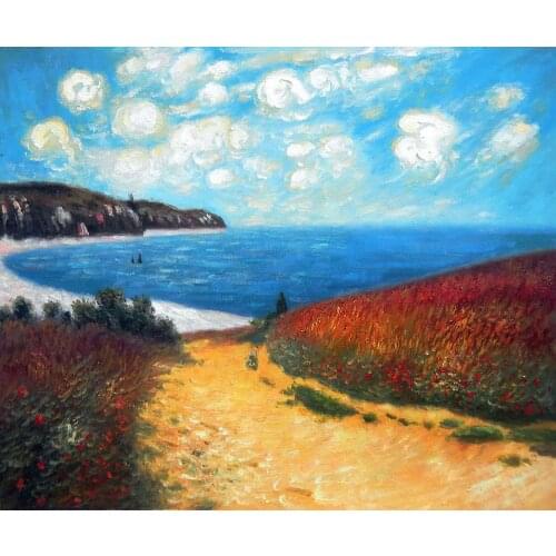 100% Handmade, Living Room Wall Art Painting, Meadow Road to Pourville, 1882, Claude Monet Paintings, Seascape, Horizontal