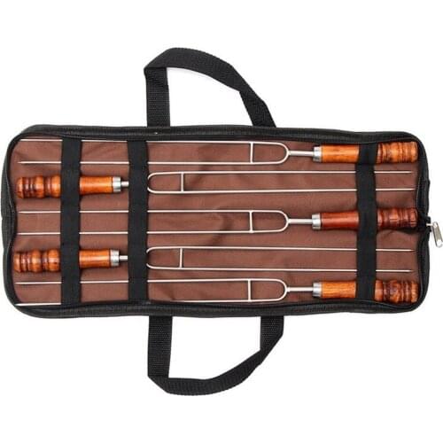 5Pcs/Set BBQ Grill Forks Stainless Steel Wood Handle Meat Skewer Tool with Bag for Outdoor Barbecue Party