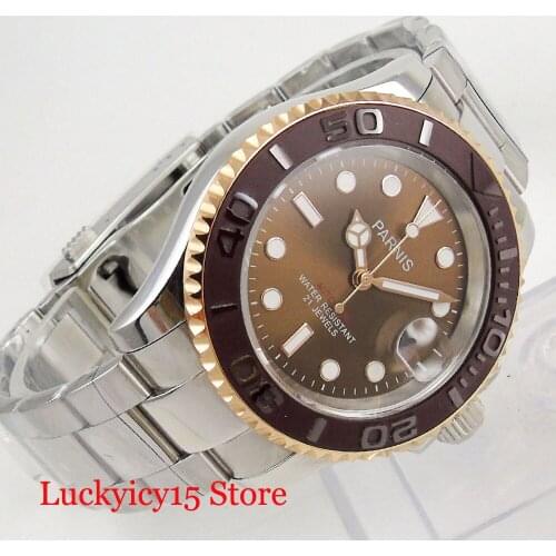 PARNIS Mechanical Self Winding Mens Watch Sapphire Crystal Date Indicator 41mm Stainless Steel Watch Case Gold Coated Bezel