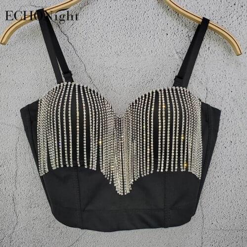 Echonight Tassels Corset Rhinestone Bra Top Sexy Shinny Steampunk Bustier Slimming Womens Corset Sexy Party Bustier Top Corset
