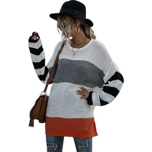 European and American new autumn and winter womens striped round neck knitted loose stitching sweater