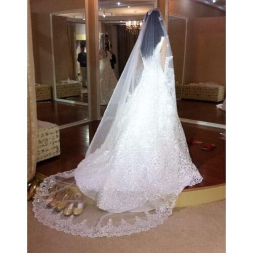 Cathedral white or ivory lace veil, simple bridal veil, long veil with lace edge,3M Long One Tier Lace Veil