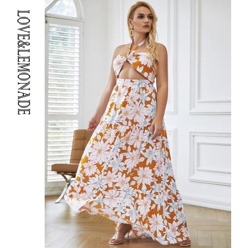 LOVE&LEMONADE PLUS SIZE Sexy Tube Top Cut-Out Yellow Flower Print A-Line Beach Maxi Dress LM83463PLUS