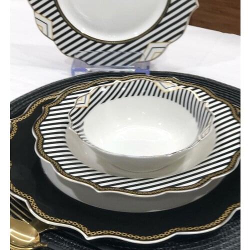 Bone China Porcelain Luxury Dinnerware 24 piece Set for 6 Person - High Quality Dining Set 6 Platter - 6 Cake plate - 6 A dinner