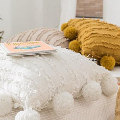 Solid Color Pillow Cover Cushion Retro Simple Sofa Pillowcase Japanese Cotton Linen Jacquard Ball Pillow Tassel Cushion Cover