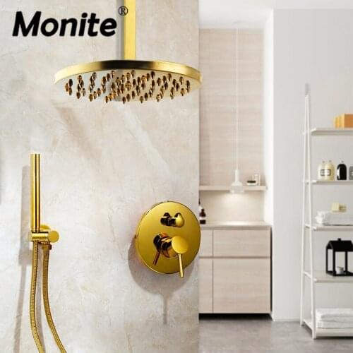 Monite Ceiling Rainfall Golden Plated Shower Faucet Set Bathroom Wall Mounted Shower Mixer Tap Round Hand Shower Set
