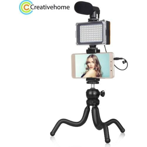 PULUZ 4 in 1 Vlogging Live Mini Octopus Bracket Kit + Studio Light + Microphone + Phone Clamp Kits(Black)