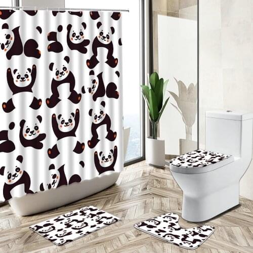 Cartoon Cute Panda Child Bathroom Shower Curtain Set Fun Loving Animals Home Decor Non-Slip Rug Toilet Cover Flannel Bath Mat