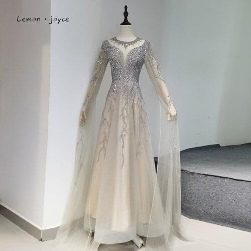 Luxury Silver Beads Evening Dresses 2021 Elegant O-Neck Long Sleeves A-Line Evening Gowns Formal Dress For Woman Plus Size