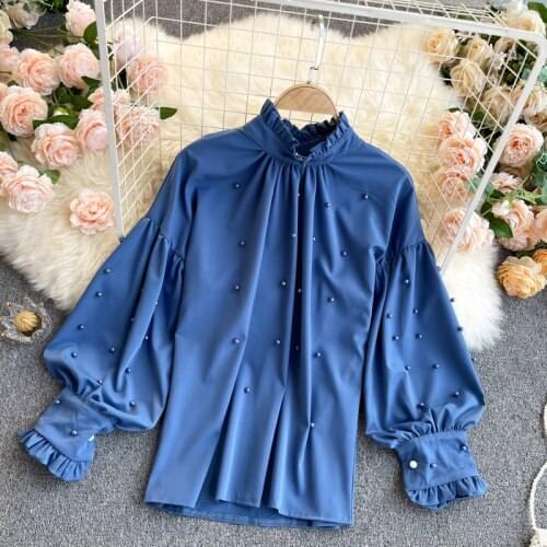 Beaded Ruffled Collar Shirt Women Cloth Lantern Sleeve Loose Tops Female All-Match Solid Color Blouse Blusas Femme