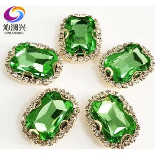 Gold bottom Light green Rectangle shape top quality glass crystal buckle,sew on rhinestones for diy jewelry accessories SWCBG16
