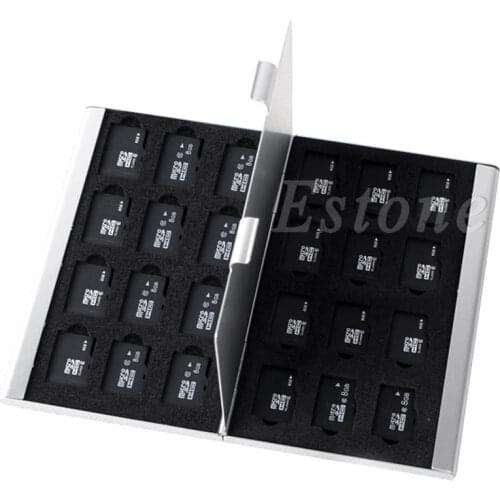 Silver Aluminum Memory Card Storage Case Box Holder For 24 TF Micro SD Cards