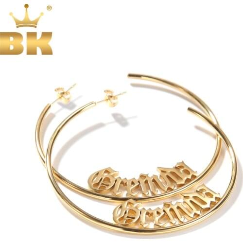 THE BLING KING 60mm Round Hoops Custom Name Stainless Steel Earrings Personalized Letter Earrings Trendy Women Jewelry For Gifts