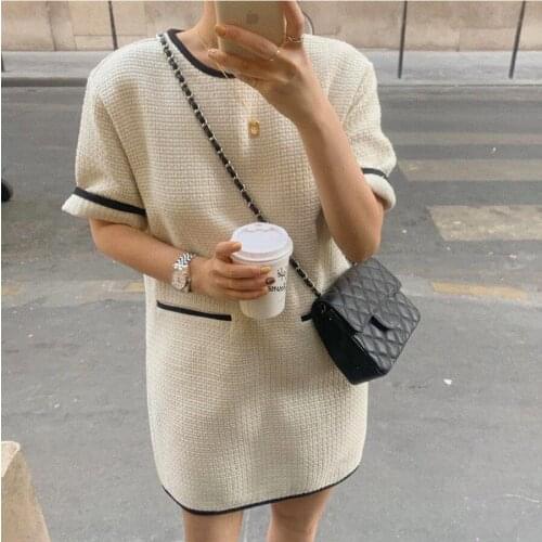 VIMIMI 2021 Summer French Retro Small Fragrance Ladies Commuting Style Hit Color Round Neck Pocket Dress With Edging