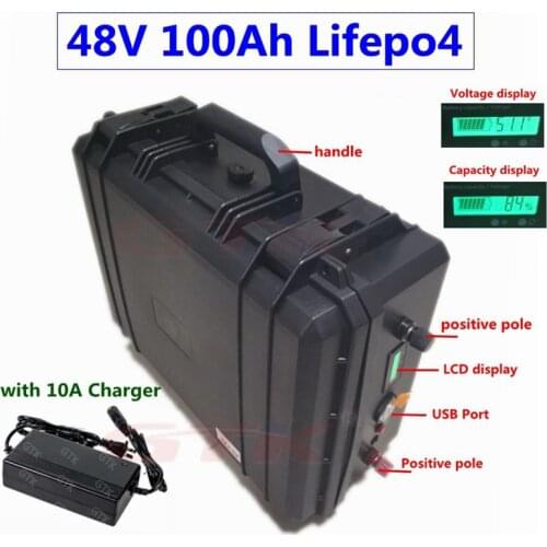 Waterproof IP67 48V 100Ah LiFepo4 lithium battery BMS 16S for solar system inverter trolling motor energy storage RV+10A Charger