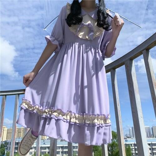 Japanese Sweet Doll Collar Stitching Bow High Waist Short Sleeve Ruffle Midi Dress Female Summer tea party black lolita dress