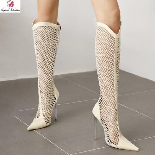 2021 Sexy Knee High Sandals Boots Gladiator Hollow Out Zipper Women Shoes Female Pointed Toe Air Mesh Long Boots Plus Size 33-52