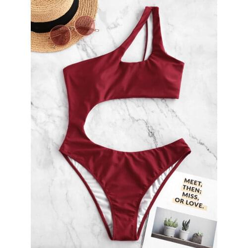 ZAFUL Swimwear Women 2020 New One Piece Solid Swimsuit Sexy High Cut Monokini Hollow Out Biquini One Shoulder Bathing Suit