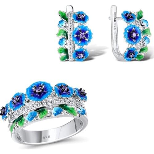 Elegant Flower Enamel Flower Jewelry Sets for Women Brilliant Zircon Crystal Costume Jewely Wedding Banquet Earrings Ring Set