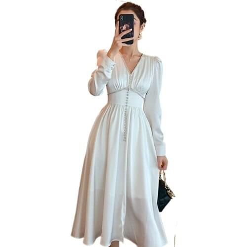 2021 New Summer Elegant Diamond Satin French Style Dress For women Bishop Sleeve V-neck High Waist Buttons Chic Sweet Dresses